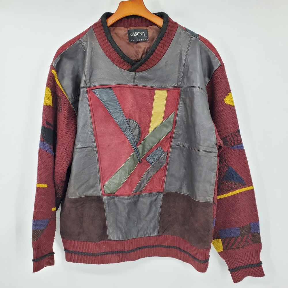 Vintage Saxony Leather Suede Patchwork Abstract Knit Sweater Mixed Media L 90s